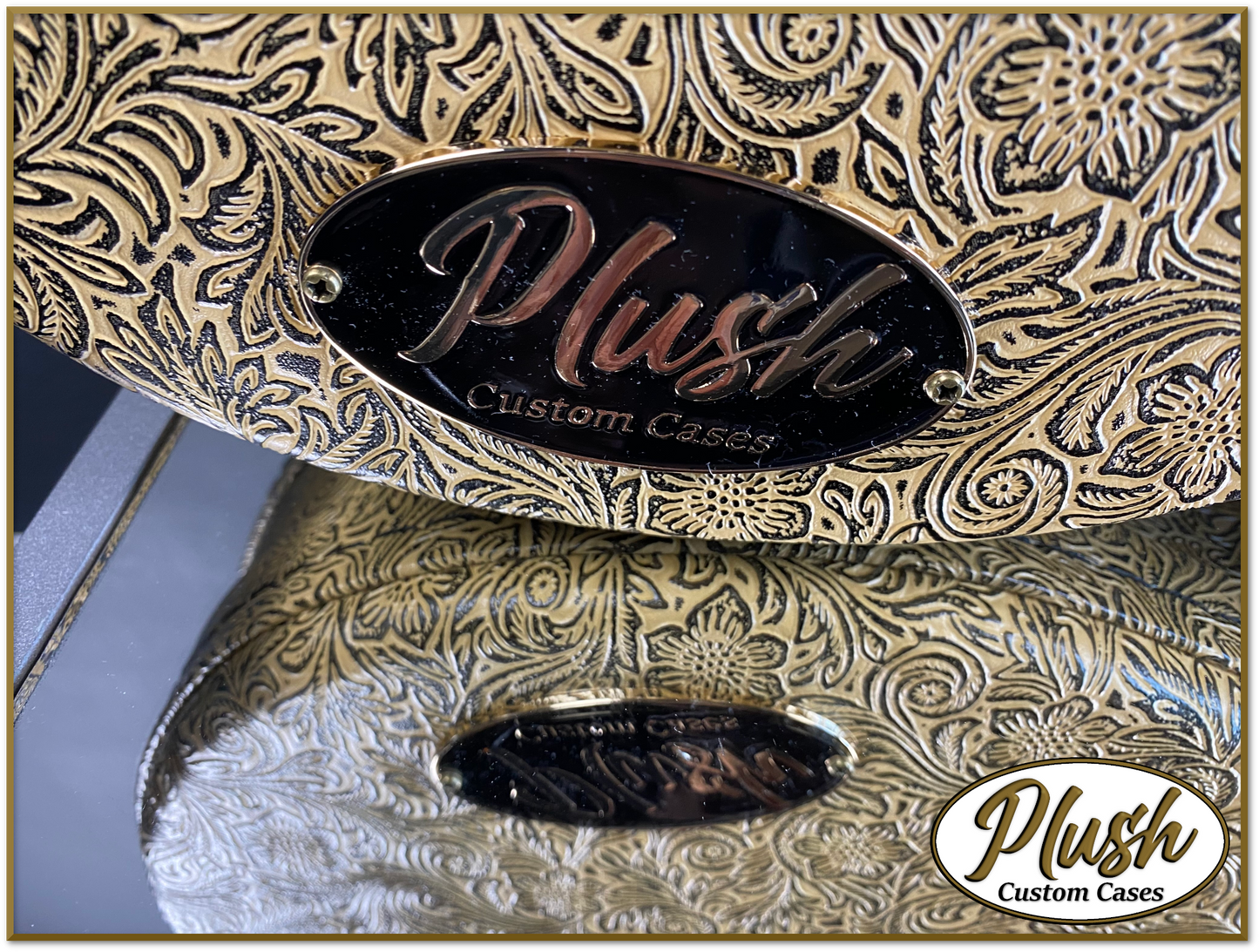 Plush-Paul LP Custom Guitar Case Tooled Leather pattern 7 with Green Fur