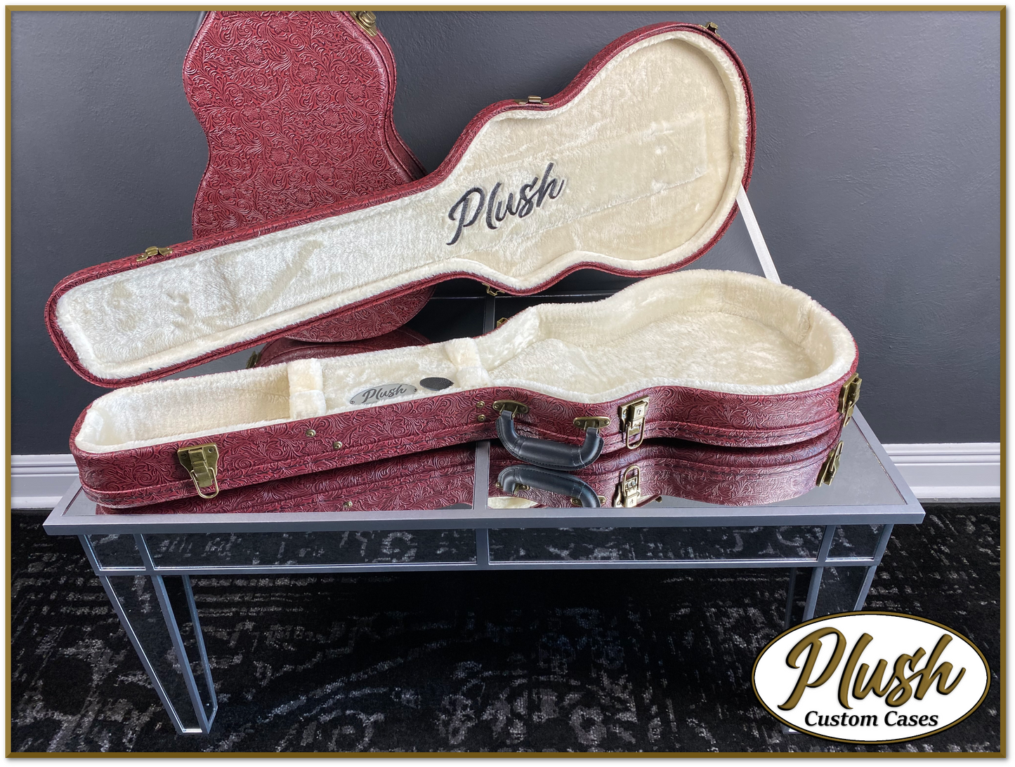 Plush-Paul LP Custom Guitar Case Tooled Leather pattern 11 with Cream Fur