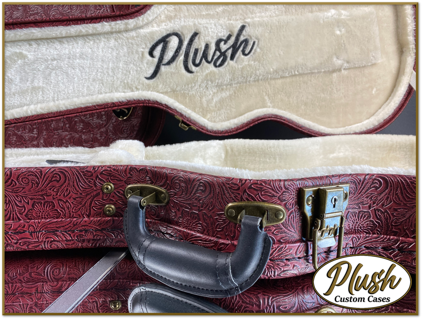 Plush-Paul LP Custom Guitar Case Tooled Leather pattern 11 with Cream Fur