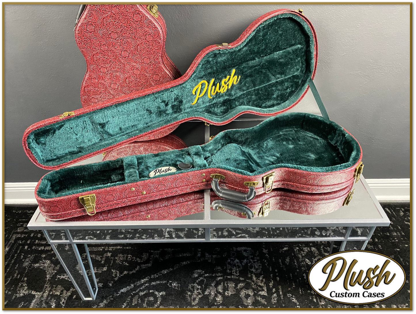 Plush-Paul LP Custom Guitar Case Tooled Leather pattern 11 with Green Fur
