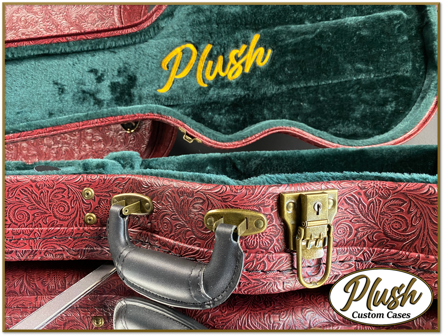 Plush-Paul LP Custom Guitar Case Tooled Leather pattern 11 with Green Fur