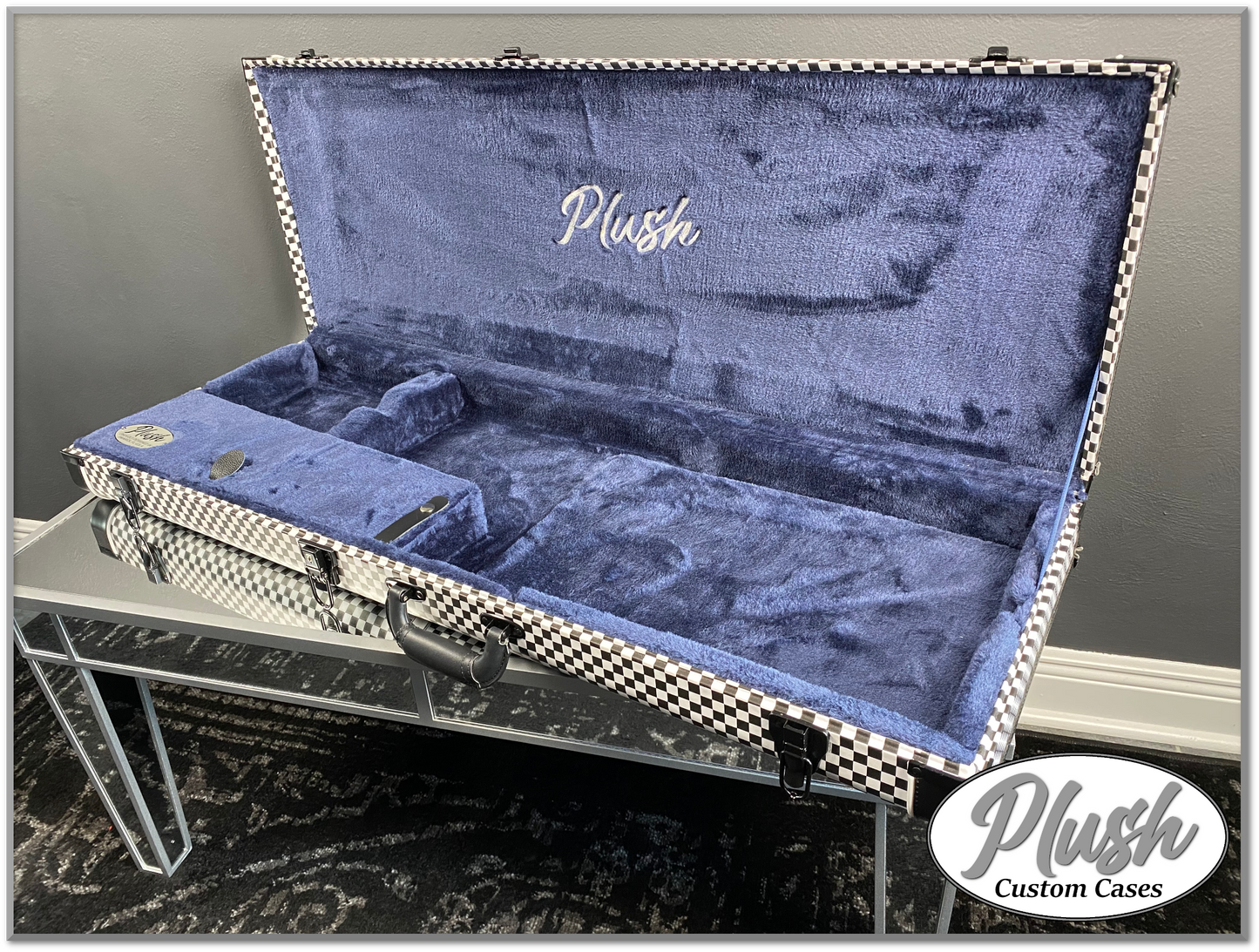 PlushCaster Tele®/Strat® Custom Guitar Case Black & White Checkerboard with Blue Fur