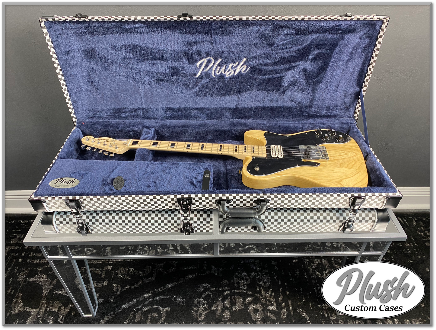 PlushCaster Tele®/Strat® Custom Guitar Case Black & White Checkerboard with Blue Fur