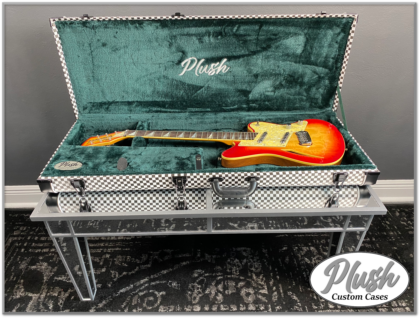 PlushCaster Tele®/Strat® Custom Guitar Case Black & White Checkerboard with Green Fur