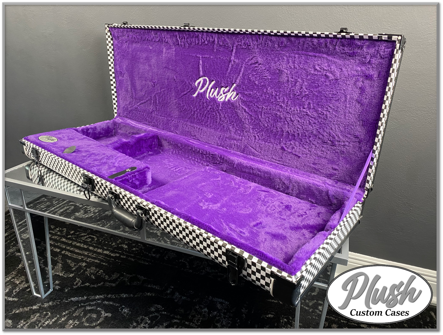 PlushCaster Tele®/Strat® Custom Guitar Case Black & White Checkerboard with Purple Fur