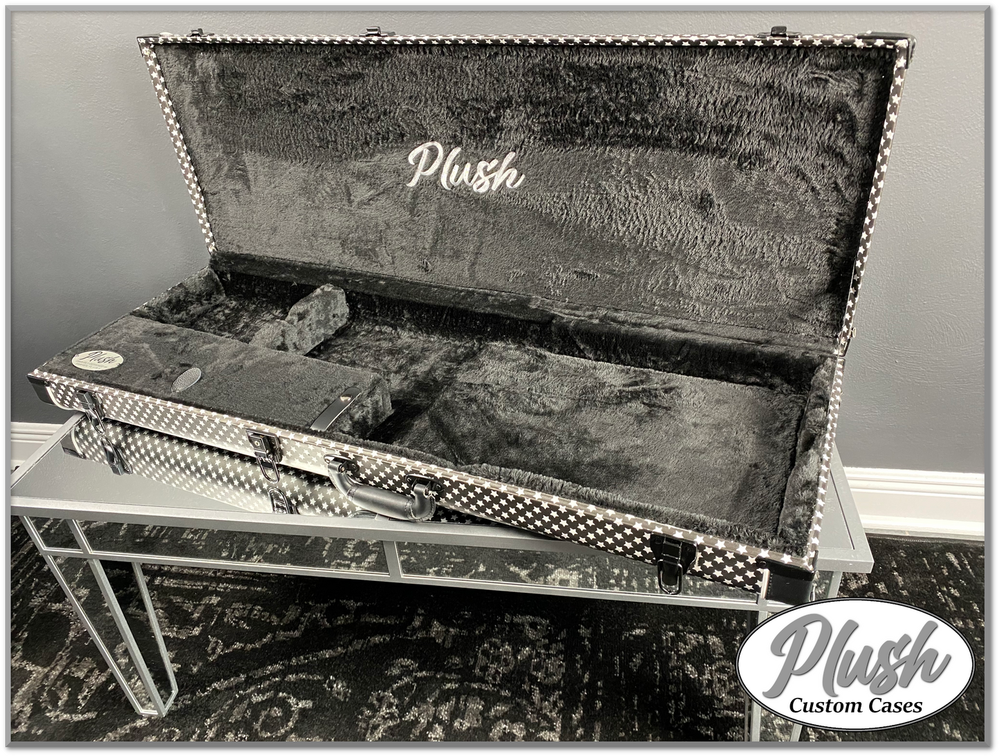 PlushCaster Tele®/Strat® Custom Guitar Case Black & White Polka Dots with Black Fur