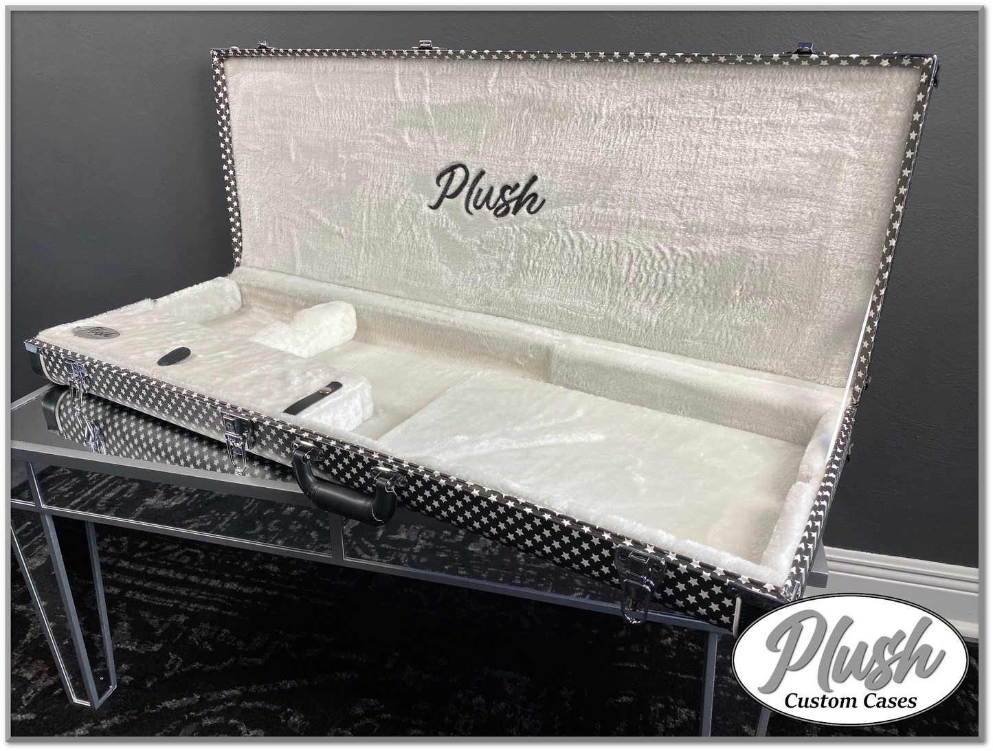 PlushMaster Jazz/Offset size Custom Guitar Case Black & White Stars with White Fur