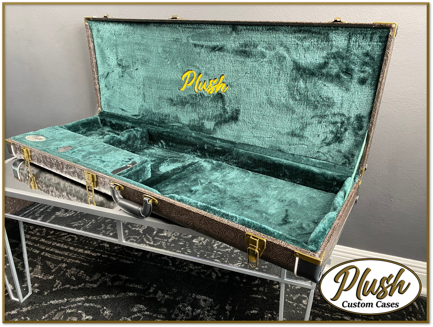 PlushCaster Tele®/Strat® Custom Guitar Case Tooled Leather Pattern 02 Black over Dark Brown with Green Fur