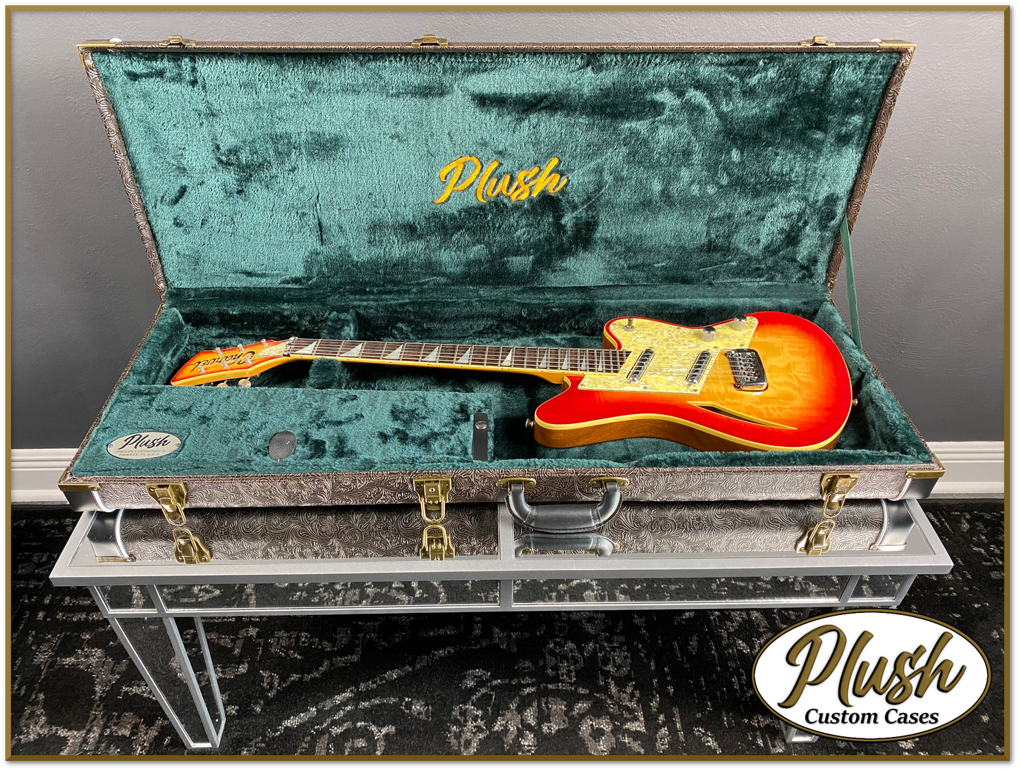 PlushCaster Tele®/Strat® Custom Guitar Case Tooled Leather Pattern 02 Black over Dark Brown with Green Fur