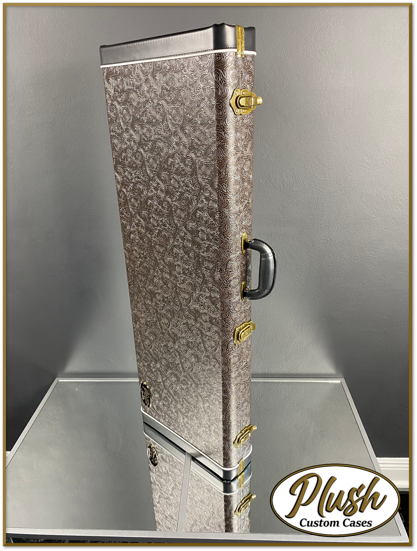 PlushCaster Tele®/Strat® Custom Guitar Case Tooled Leather Pattern 02 Black over Dark Brown with Cream Fur