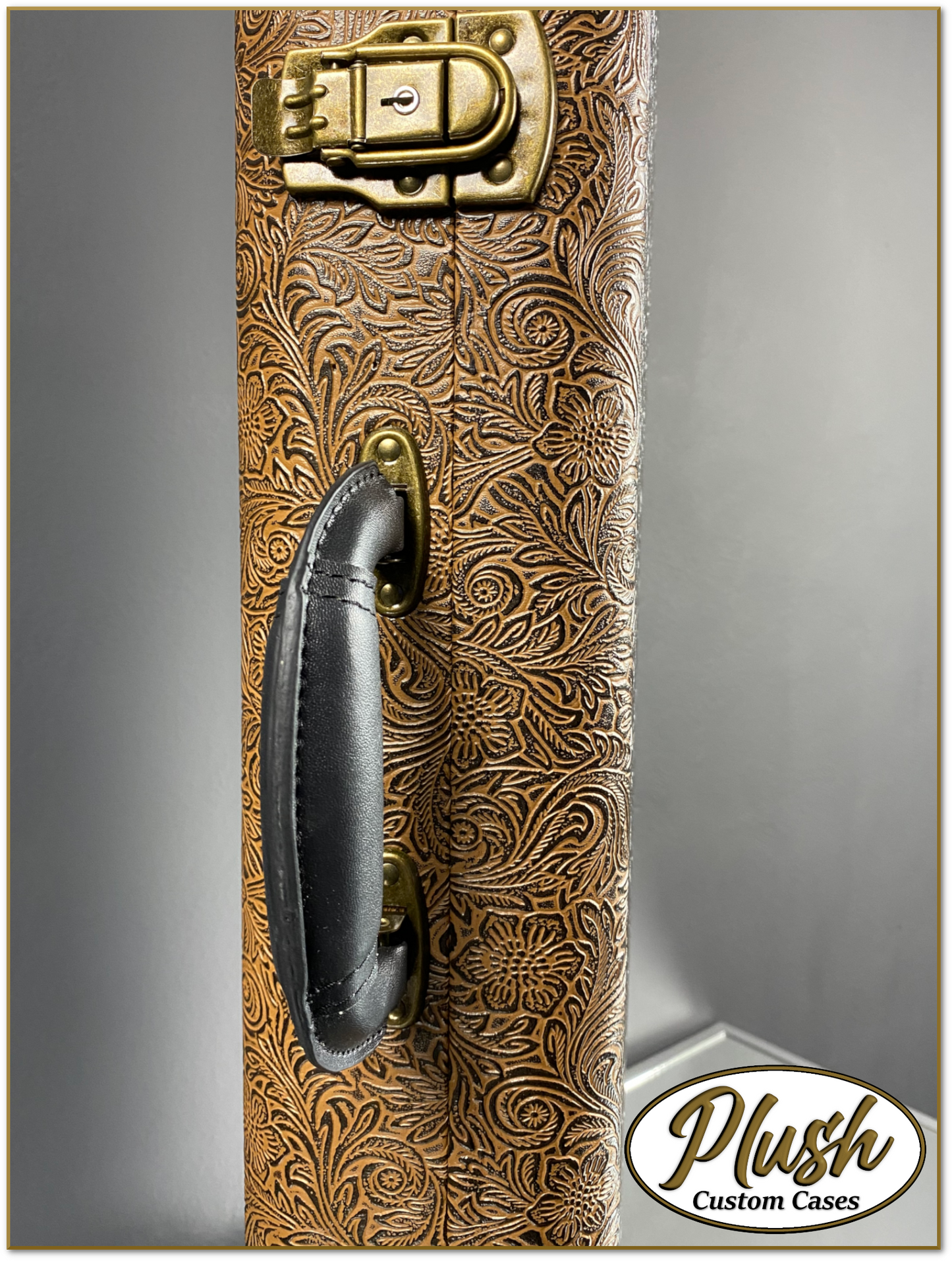 PlushCaster Tele®/Strat® Custom Guitar Case Tooled Leather Pattern 03 Black over Medium Brown with Bronze Fur