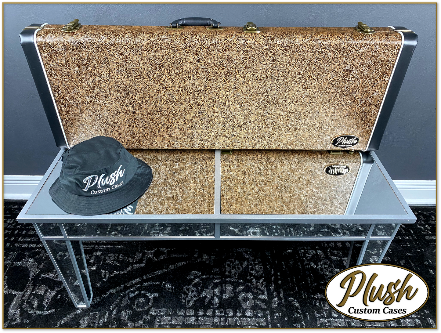 PlushCaster Tele®/Strat® Custom Guitar Case Tooled Leather Pattern 03 Black over Medium Brown with Bronze Fur