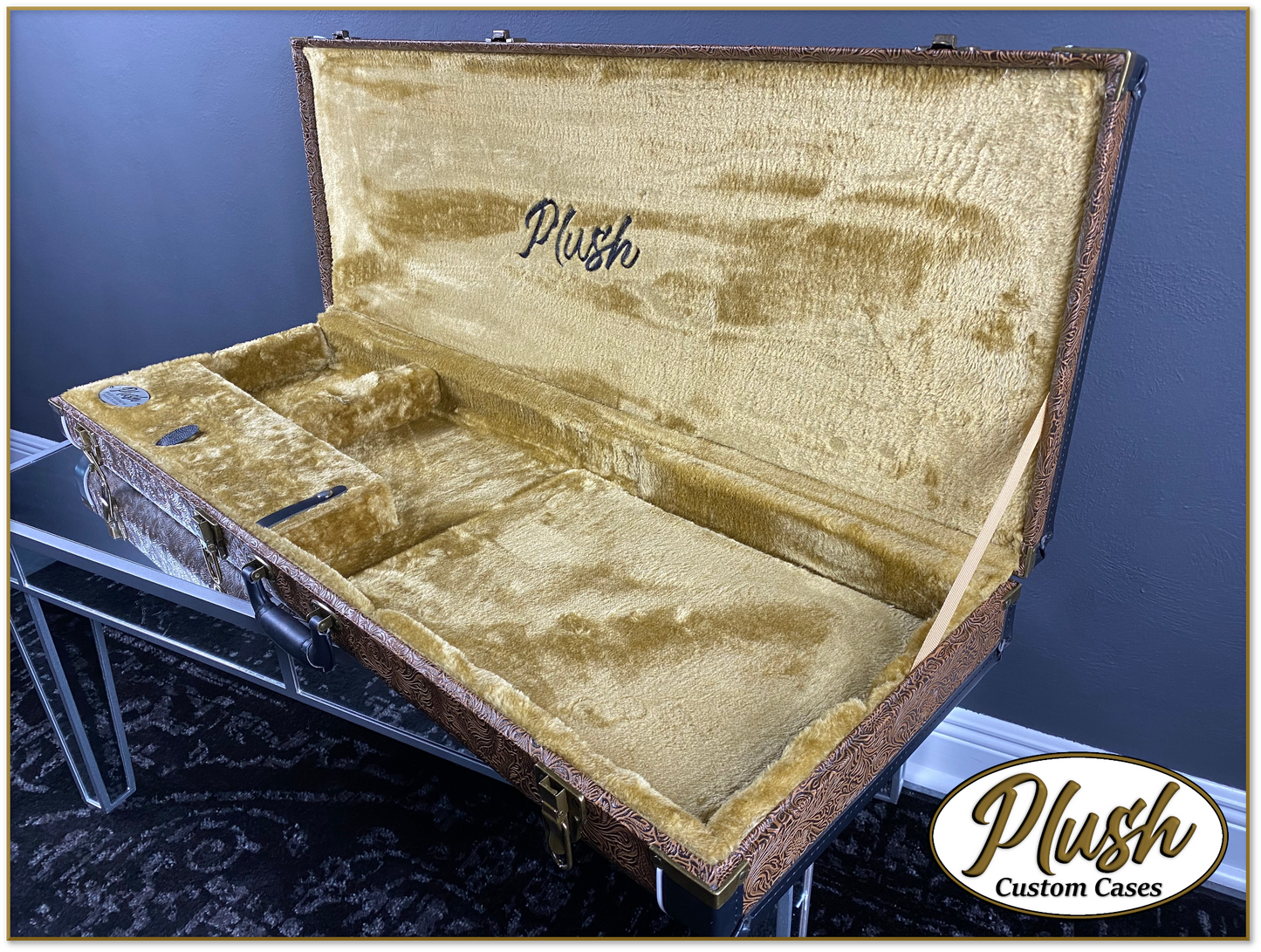 PlushCaster Tele®/Strat® Custom Guitar Case Tooled Leather Pattern 03 Black over Medium Brown with Bronze Fur