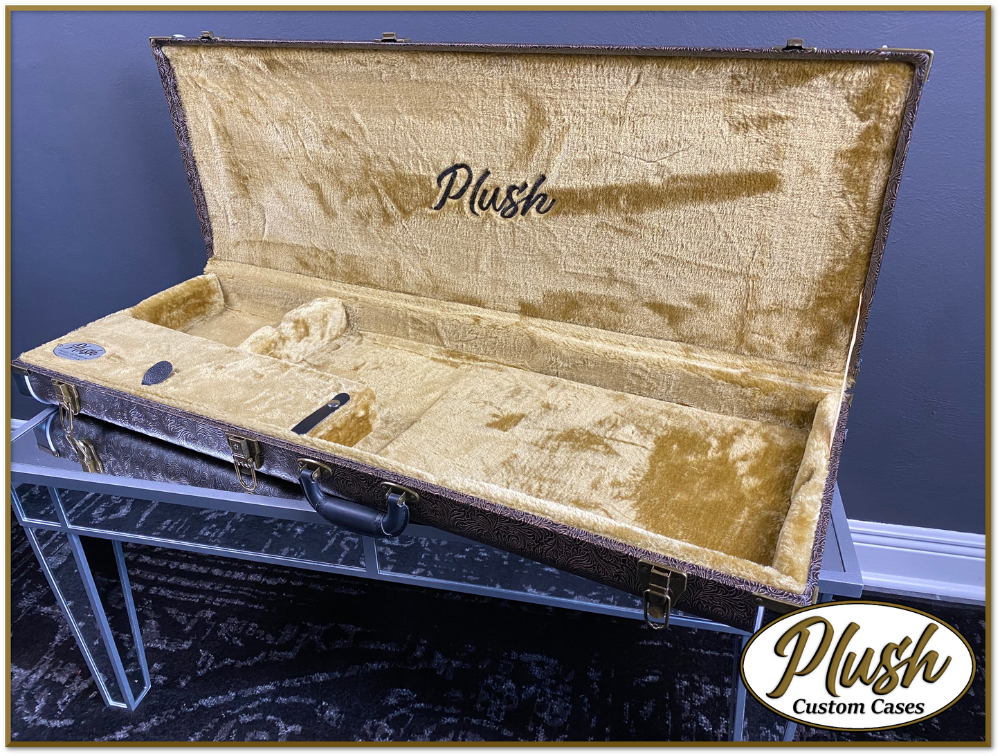 PlushCaster Tele®/Strat® Custom Guitar Case Tooled Leather Pattern 04 Black over Brown with Bronze Fur
