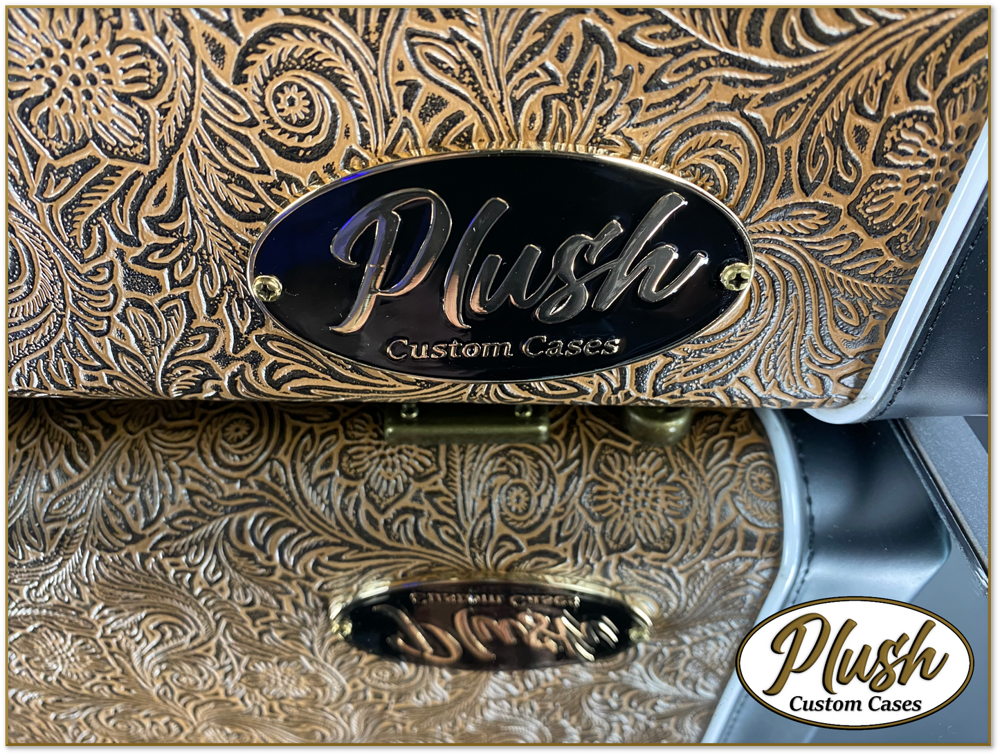 PlushCaster Tele®/Strat® Custom Guitar Case Tooled Leather Pattern 03 Black over Medium Brown with Bronze Fur
