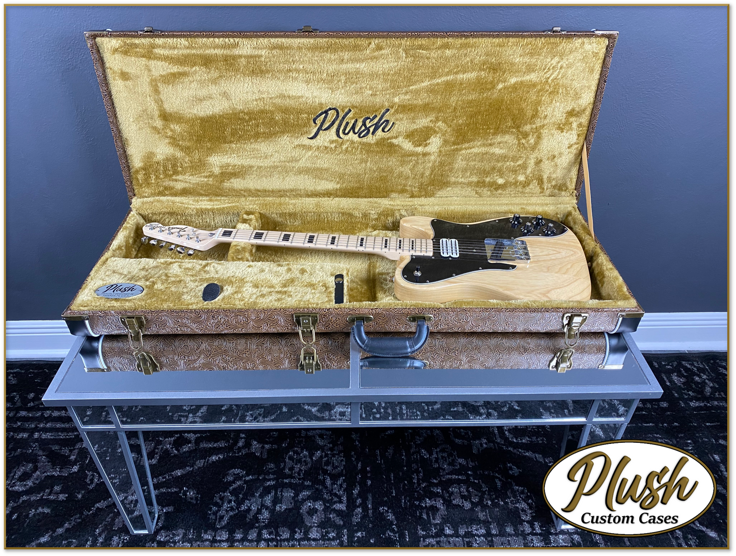 PlushCaster Tele®/Strat® Custom Guitar Case Tooled Leather Pattern 03 Black over Medium Brown with Bronze Fur