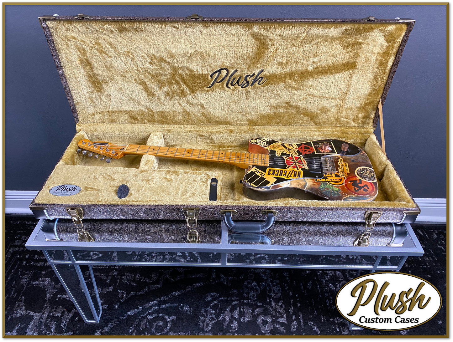 PlushCaster Tele®/Strat® Custom Guitar Case Tooled Leather Pattern 04 Black over Brown with Bronze Fur