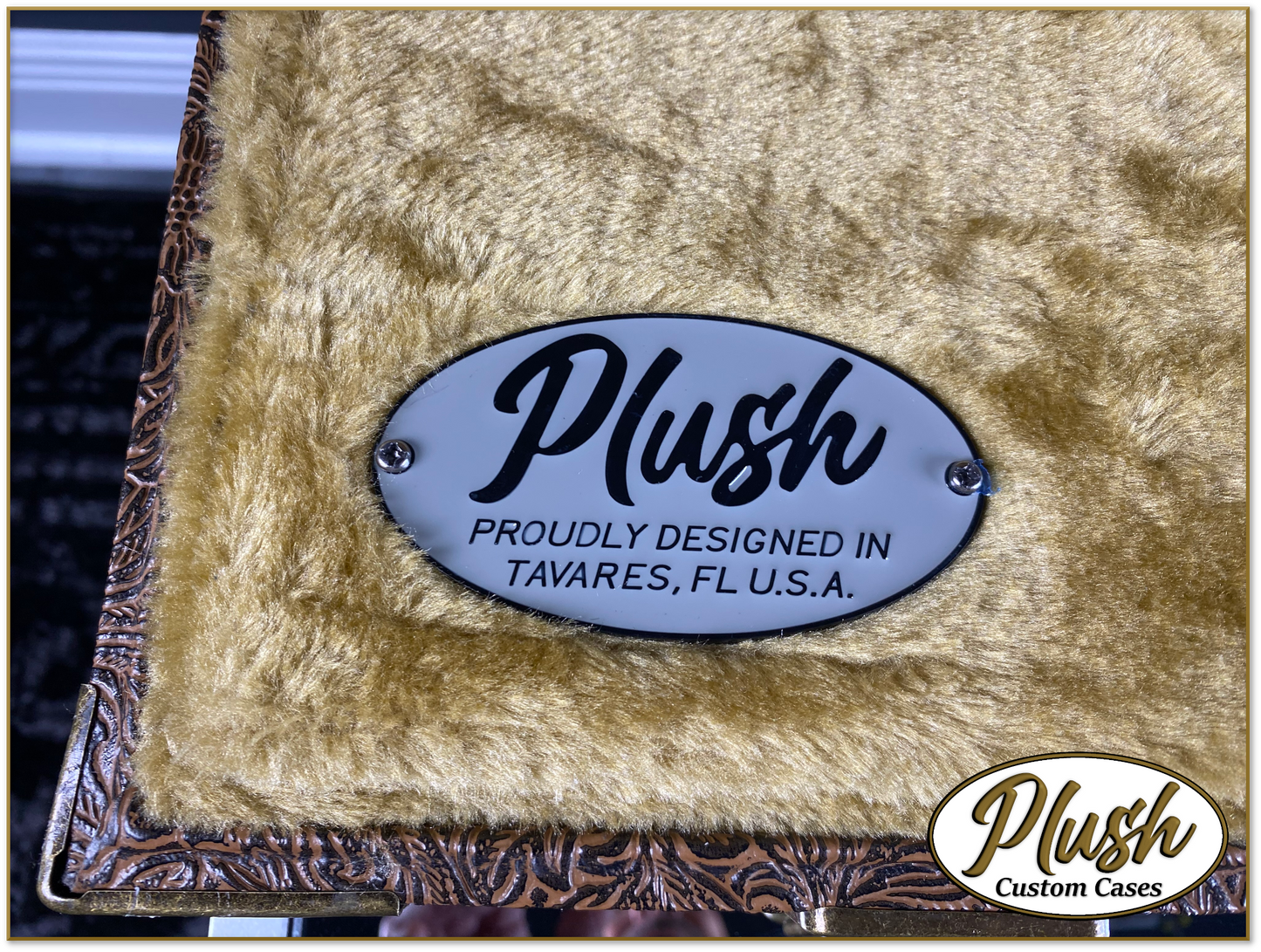 PlushCaster Tele®/Strat® Custom Guitar Case Tooled Leather Pattern 03 Black over Medium Brown with Bronze Fur