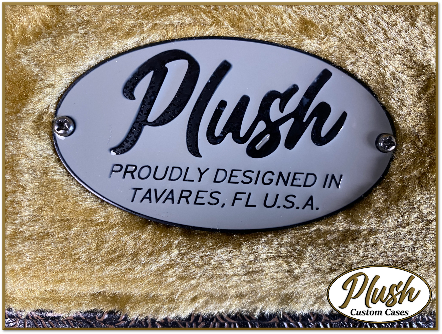 PlushCaster Tele®/Strat® Custom Guitar Case Tooled Leather Pattern 04 Black over Brown with Bronze Fur