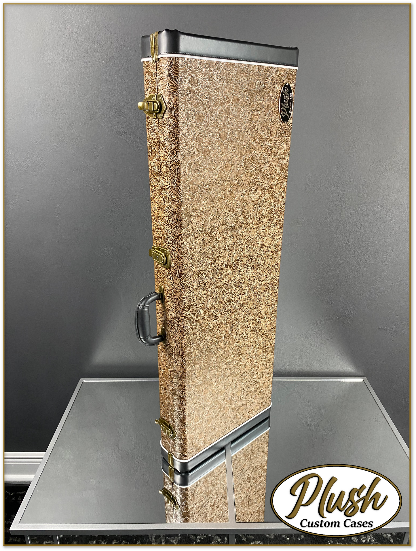 PlushCaster Tele®/Strat® Custom Guitar Case Tooled Leather Pattern 03 Black over Medium Brown with Bronze Fur