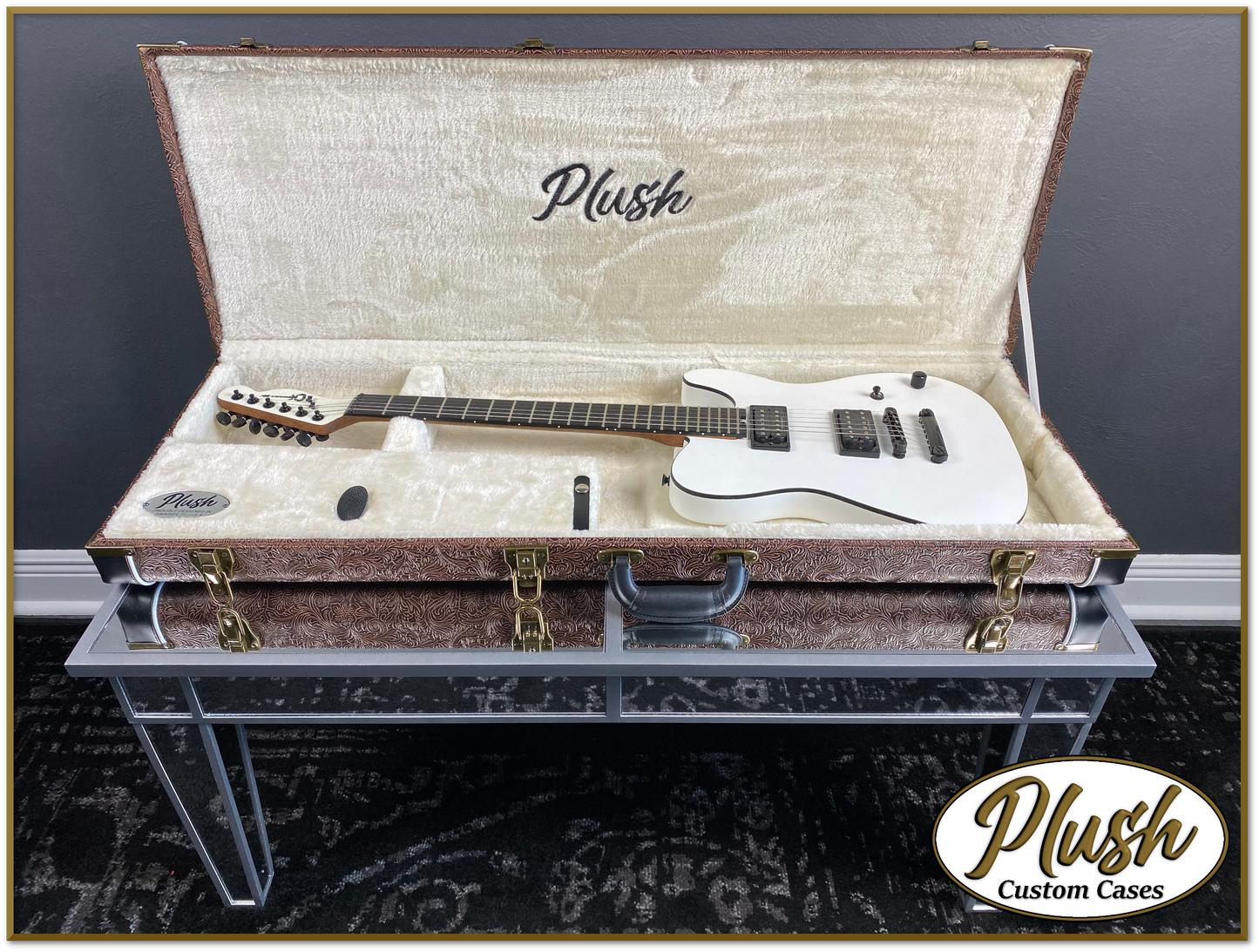 PlushCaster Tele®/Strat® Custom Guitar Case Tooled Leather Pattern 05 Black over Brown with Cream Fur
