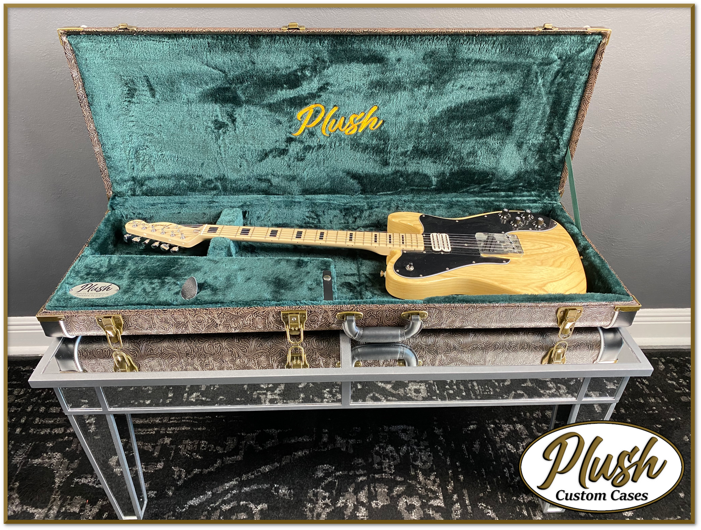 PlushCaster Tele®/Strat® Custom Guitar Case Tooled Leather Pattern 04 Black over Brown with Green Fur