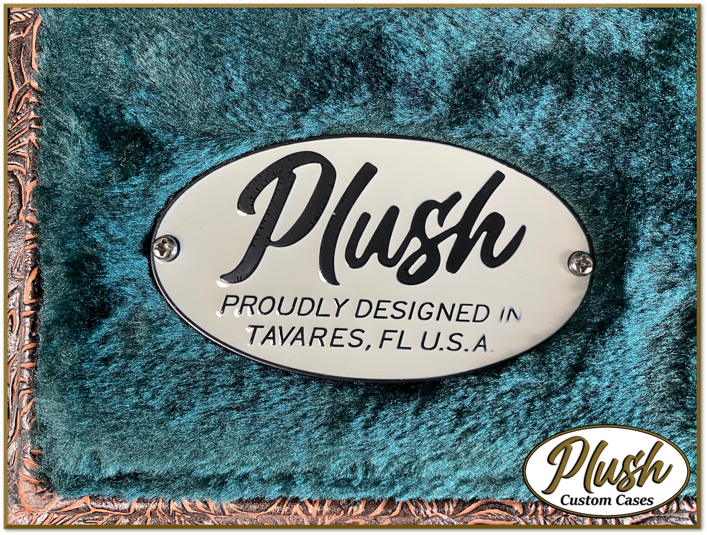 PlushCaster Tele®/Strat® Custom Guitar Case Tooled Leather Pattern 04 Black over Brown with Green Fur