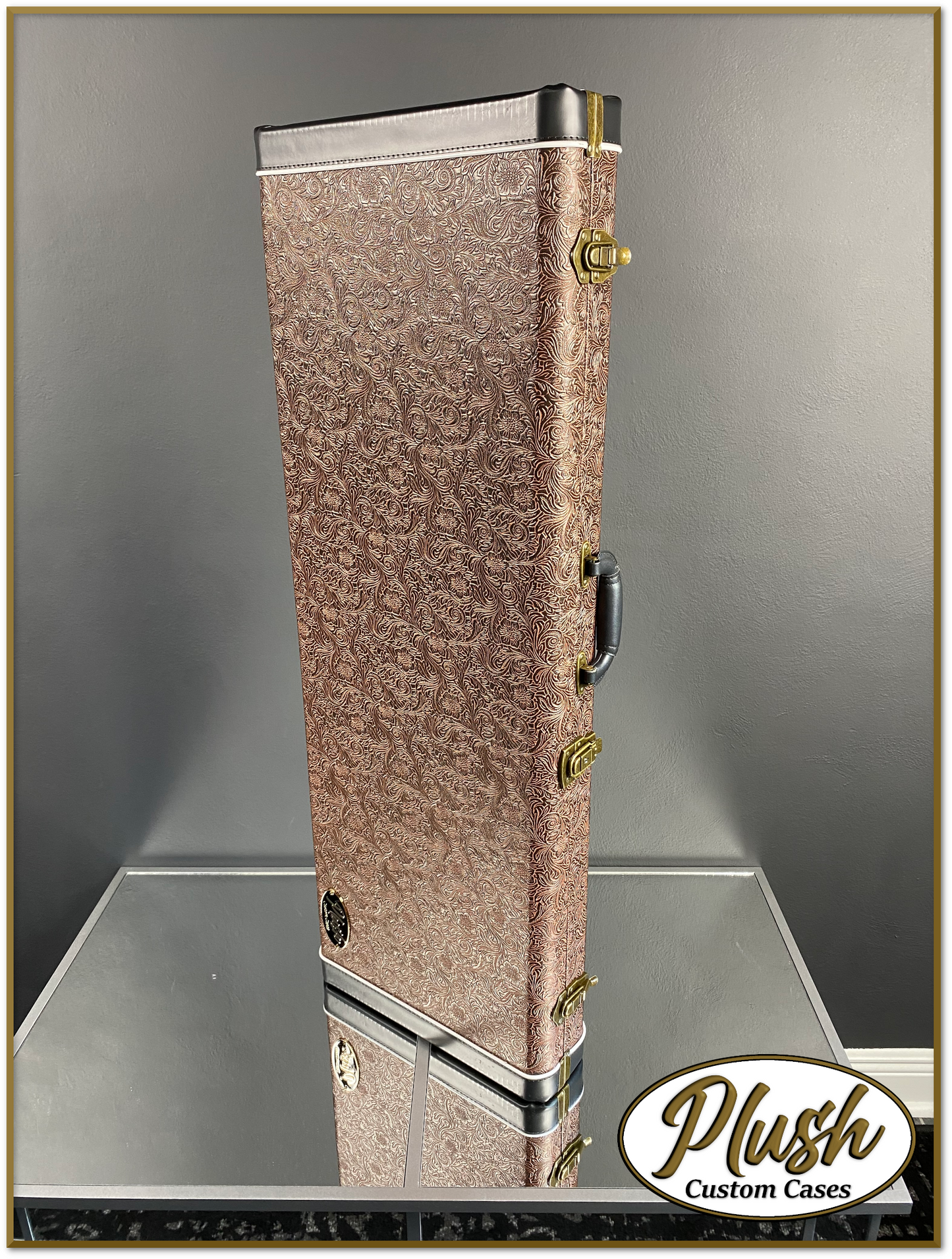 PlushCaster Tele®/Strat® Custom Guitar Case Tooled Leather Pattern 05 Black over Brown with Bronze Fur