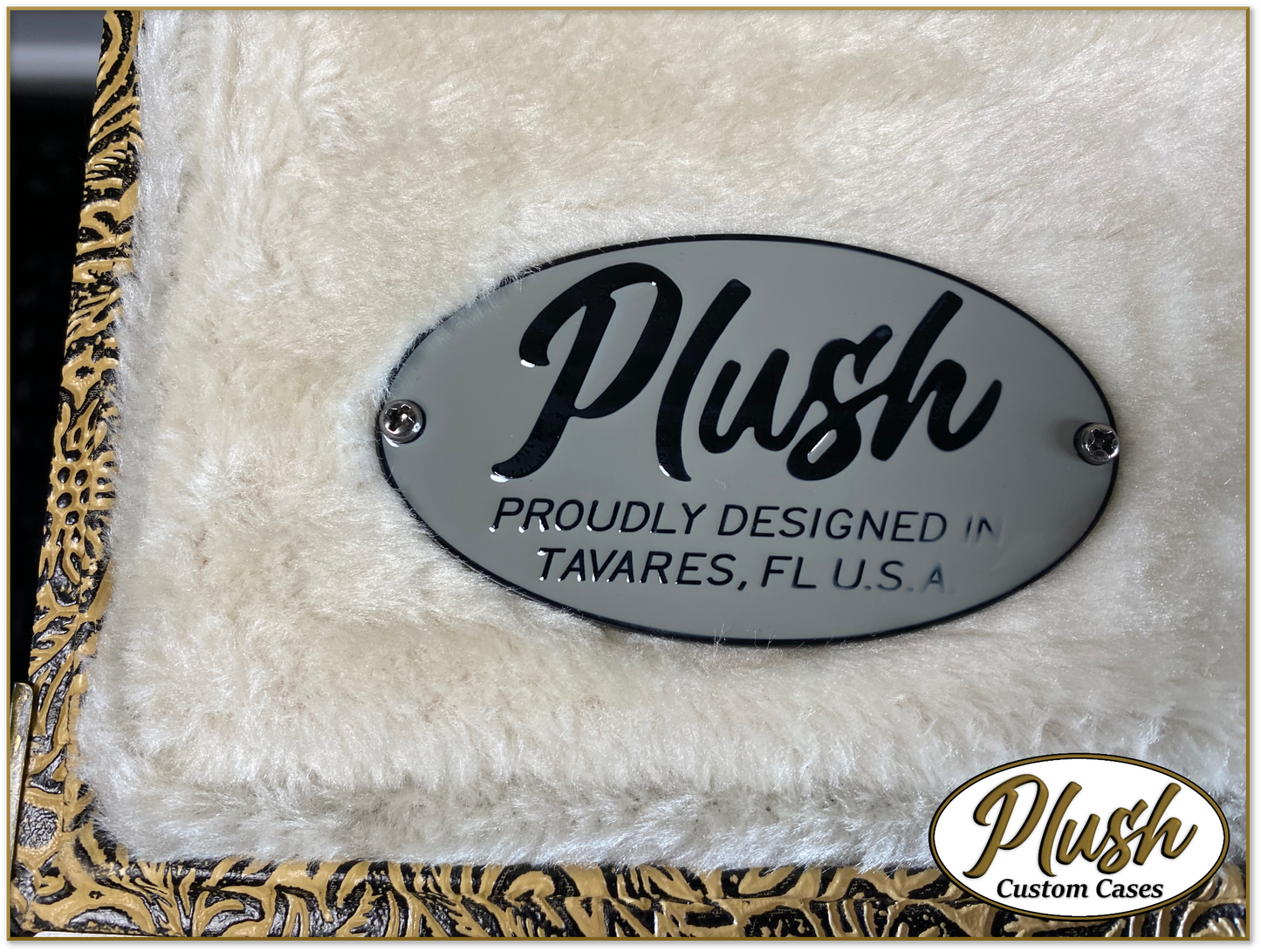 PlushMaster Jazz/Offset size Custom Guitar Case Tooled Leather Pattern 07 Black over Yellow with Cream Fur