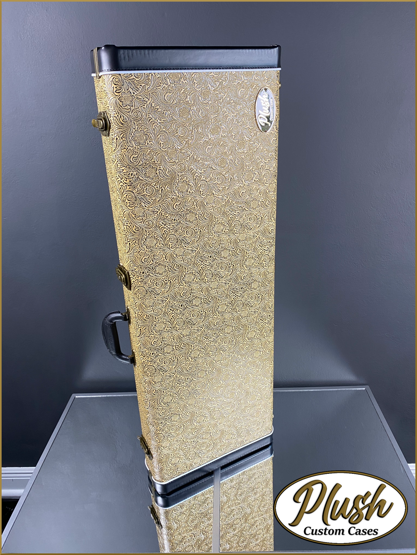 PlushCaster Tele®/Strat® Custom Guitar Case Tooled Leather Pattern 07 Black over Mustard with Green Fur