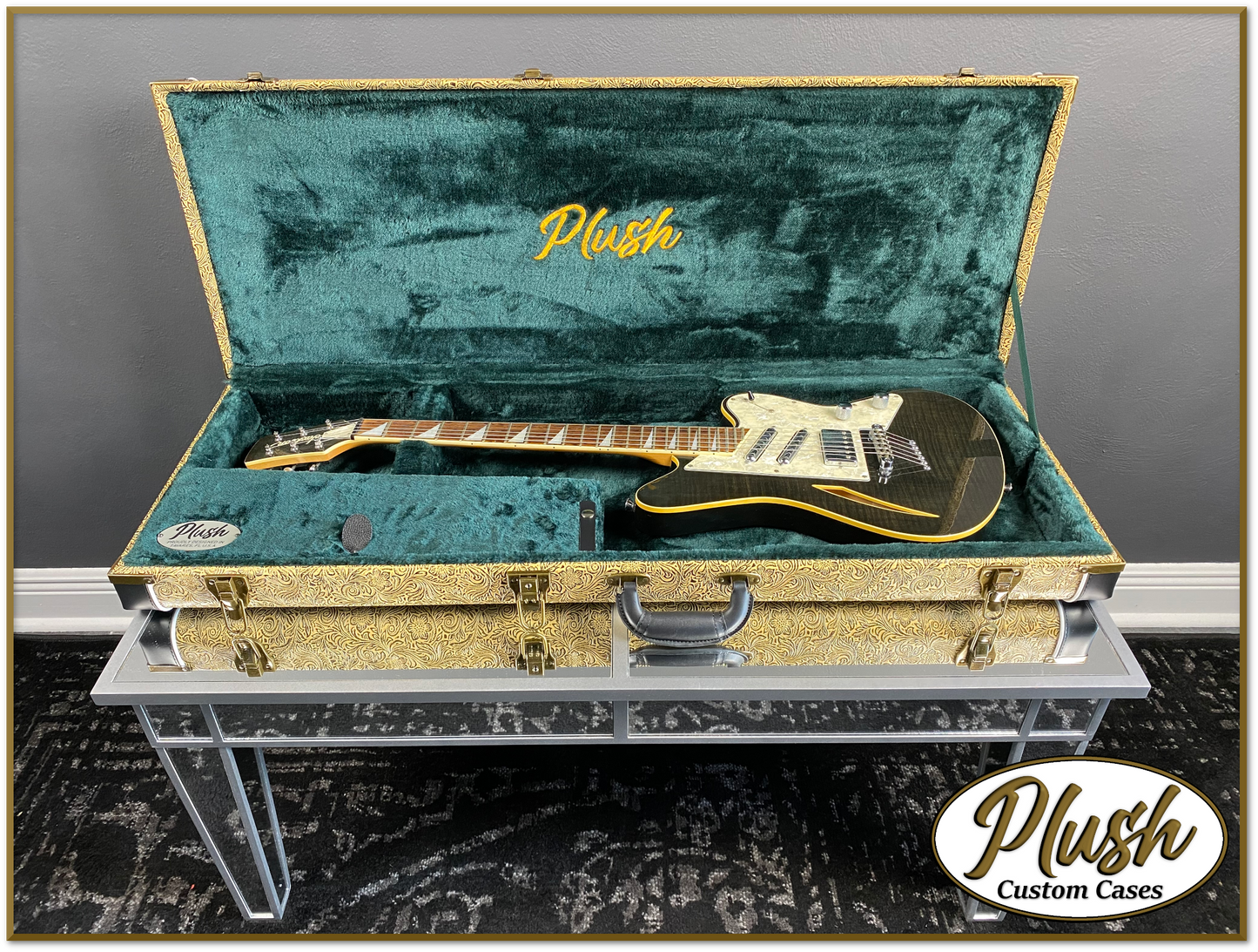 PlushCaster Tele®/Strat® Custom Guitar Case Tooled Leather Pattern 07 Black over Mustard with Green Fur