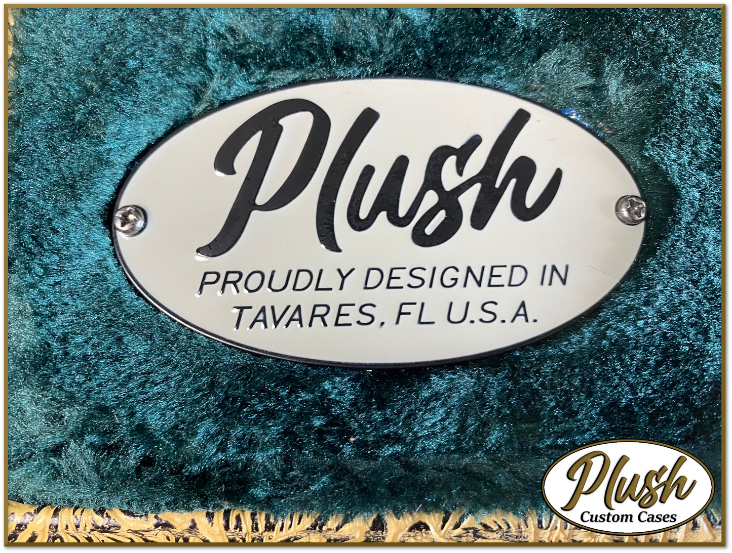 PlushCaster Tele®/Strat® Custom Guitar Case Tooled Leather Pattern 07 Black over Mustard with Green Fur