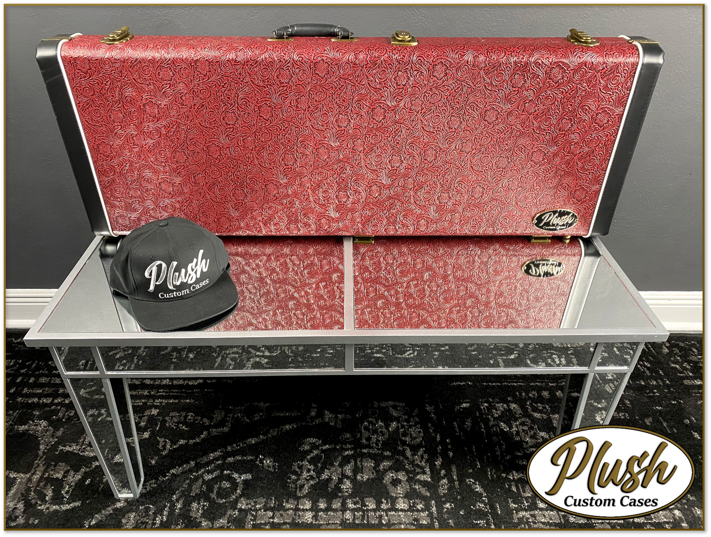 PlushCaster Tele®/Strat® Custom Guitar Case Tooled Leather Pattern 11 Black over Red with Green Fur