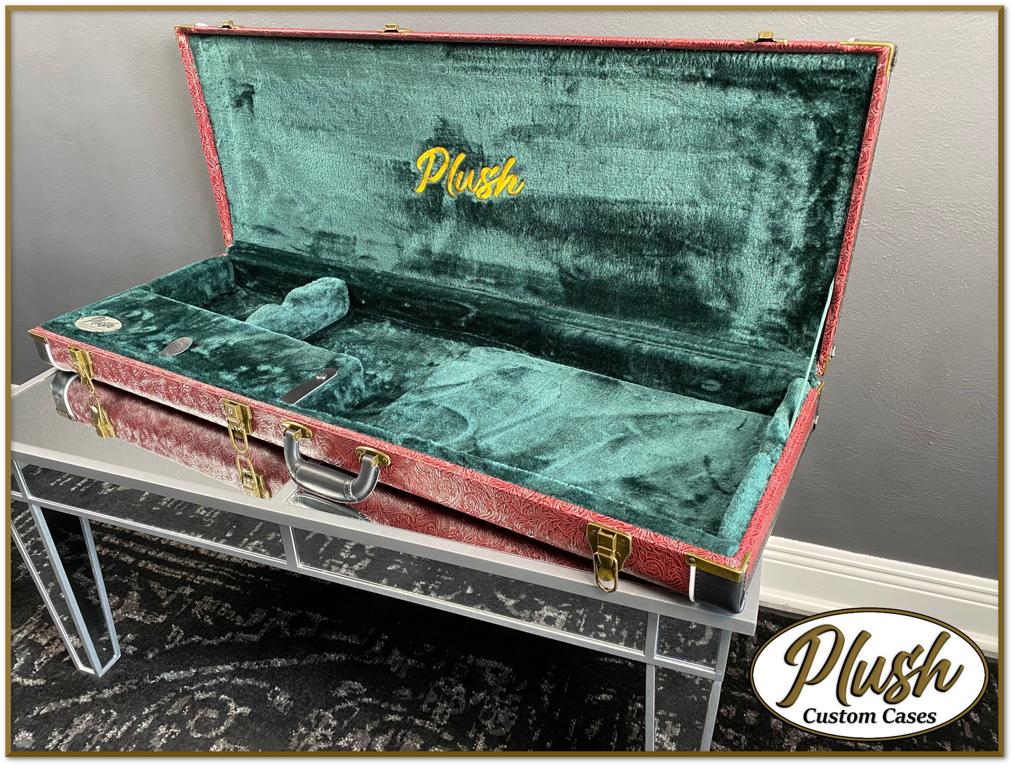 PlushCaster Tele®/Strat® Custom Guitar Case Tooled Leather Pattern 11 Black over Red with Green Fur
