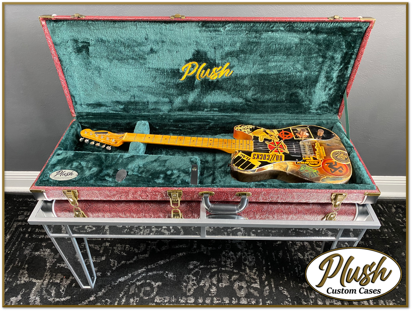 PlushCaster Tele®/Strat® Custom Guitar Case Tooled Leather Pattern 11 Black over Red with Green Fur