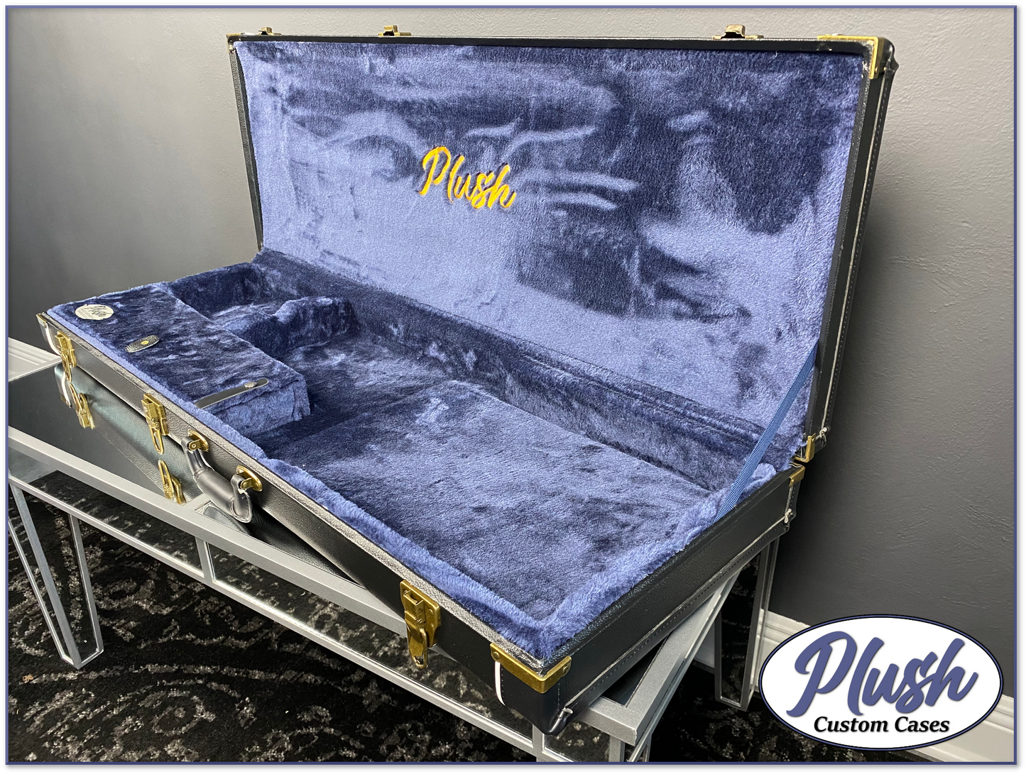 PlushCaster Tele®/Strat® Size Custom Guitar Case Black Tolex with Dark Blue Fur