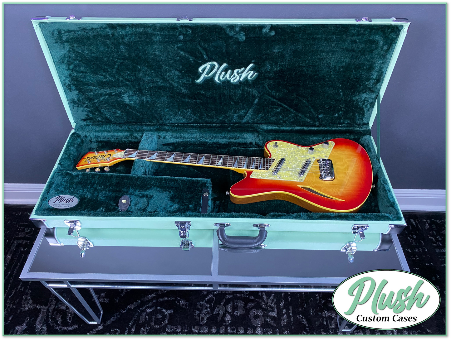 PlushCaster Tele®/Strat® Size Custom Guitar Case Seafoam Green Tolex with Emerald Green Fur