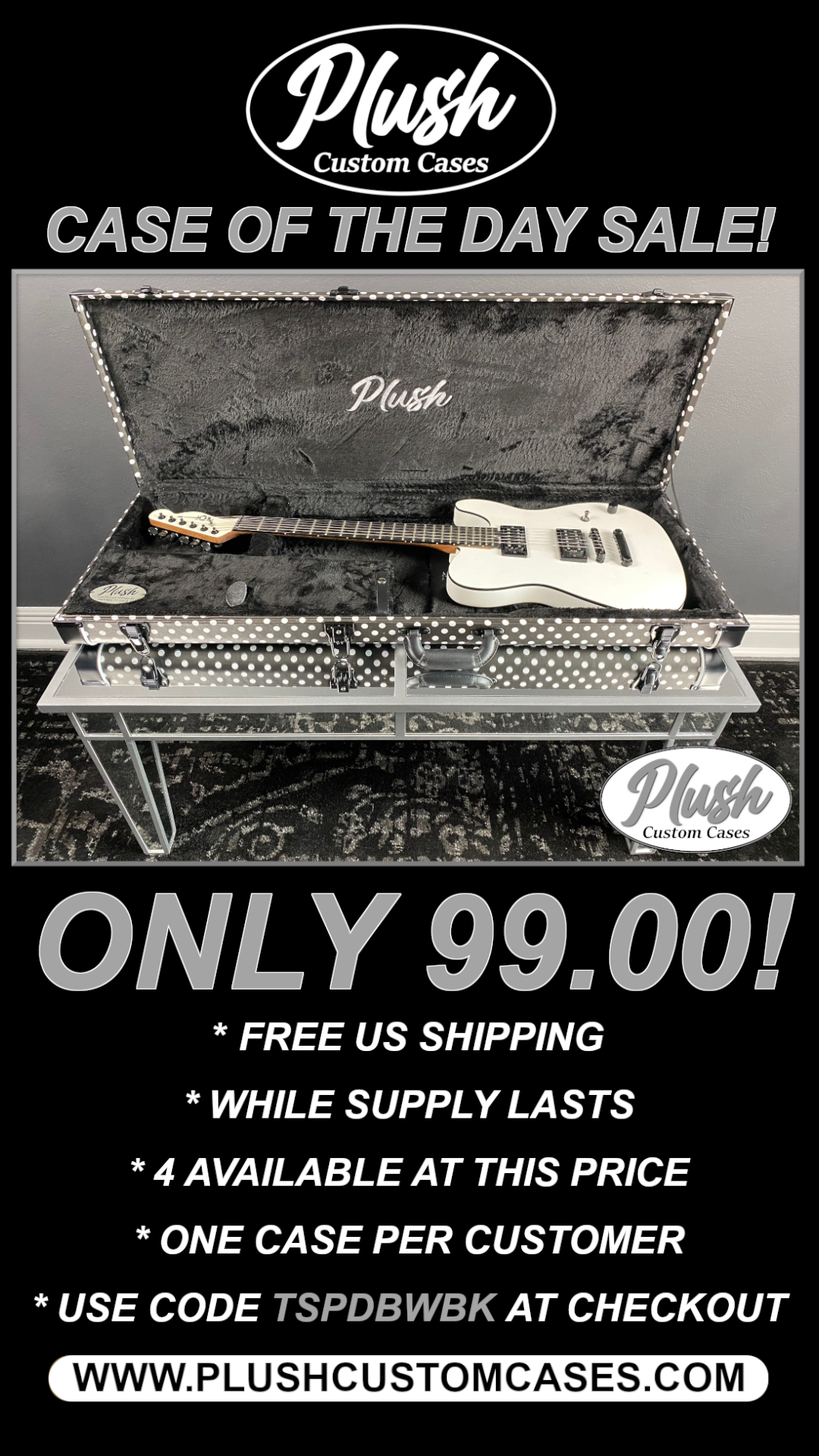 PlushCaster Tele®/Strat® Custom Guitar Case Black & White Polka Dots with Black Fur