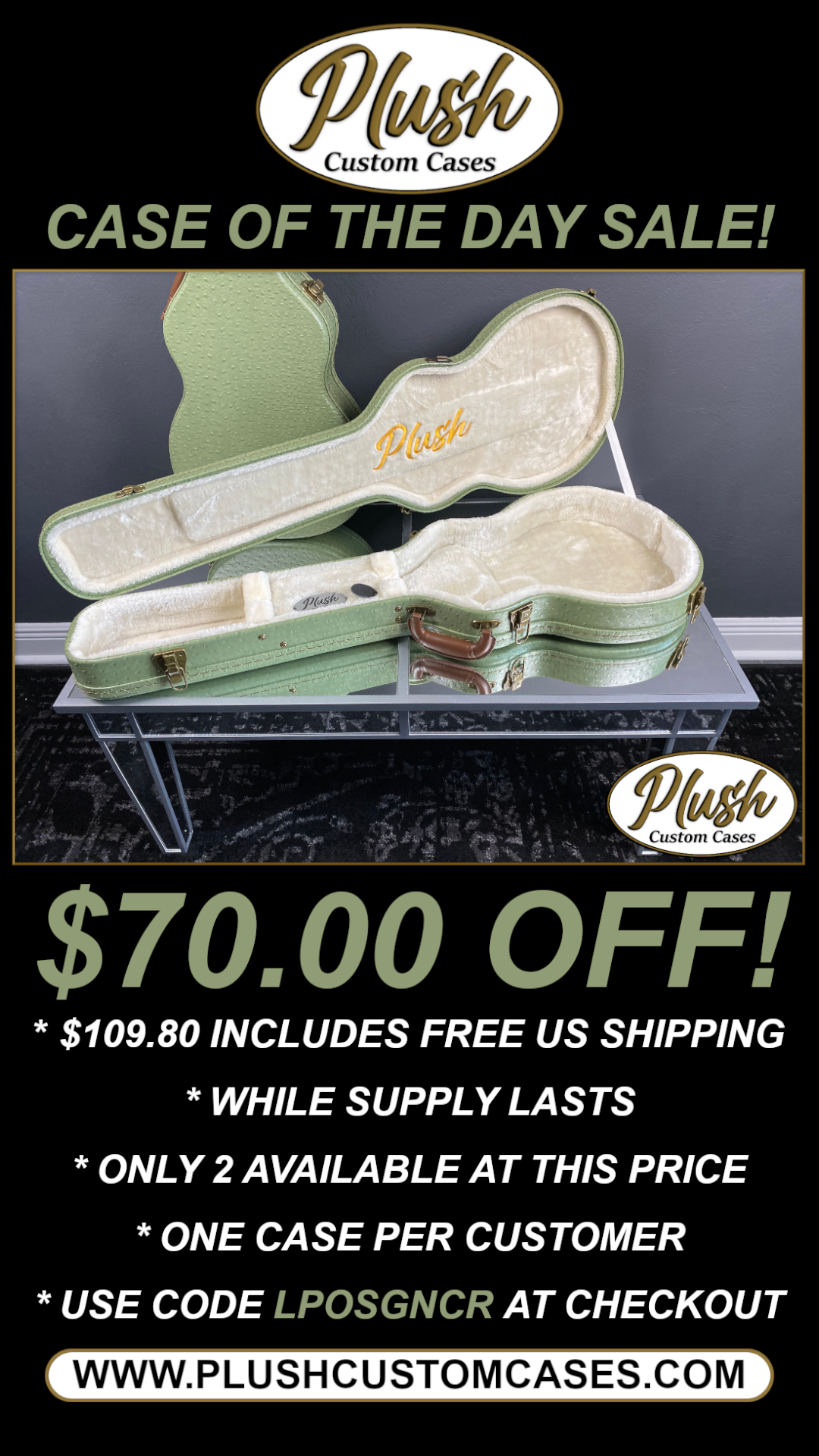 Plush-Paul LP Custom Guitar Case Green Ostrich with Cream Fur