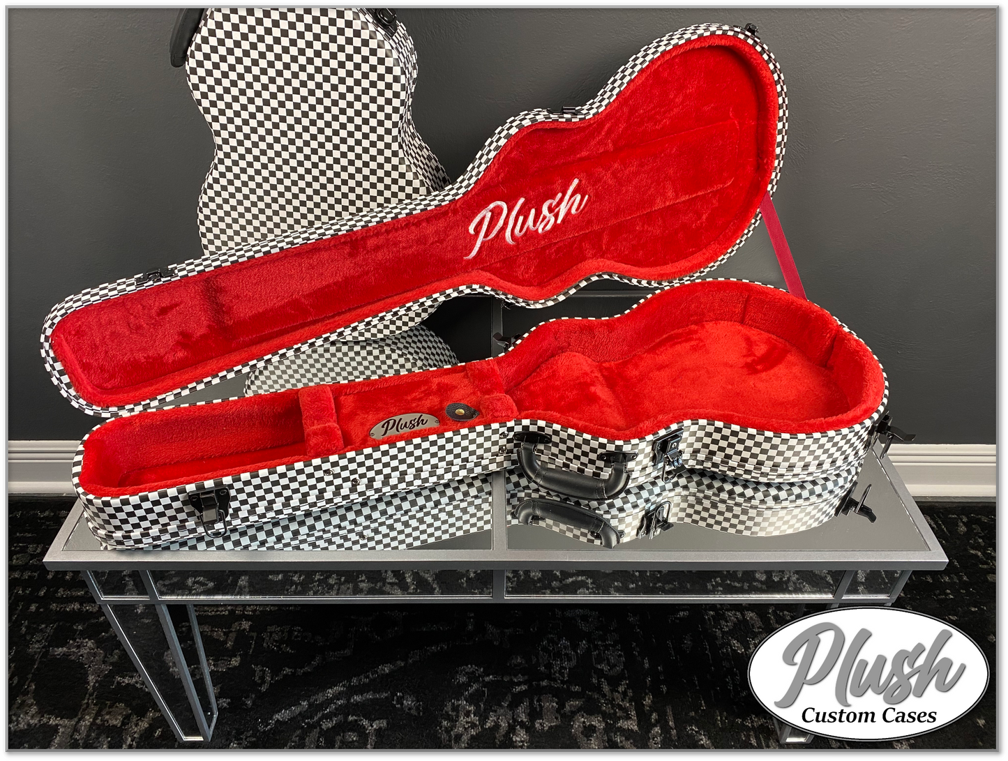 Plush-Paul LP Custom Guitar Case Black & White Checkerboard with Red Fur