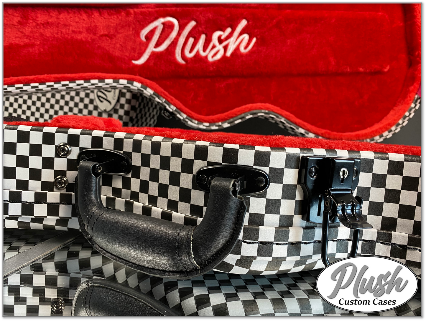 Plush-Paul LP Custom Guitar Case Black & White Checkerboard with Red Fur