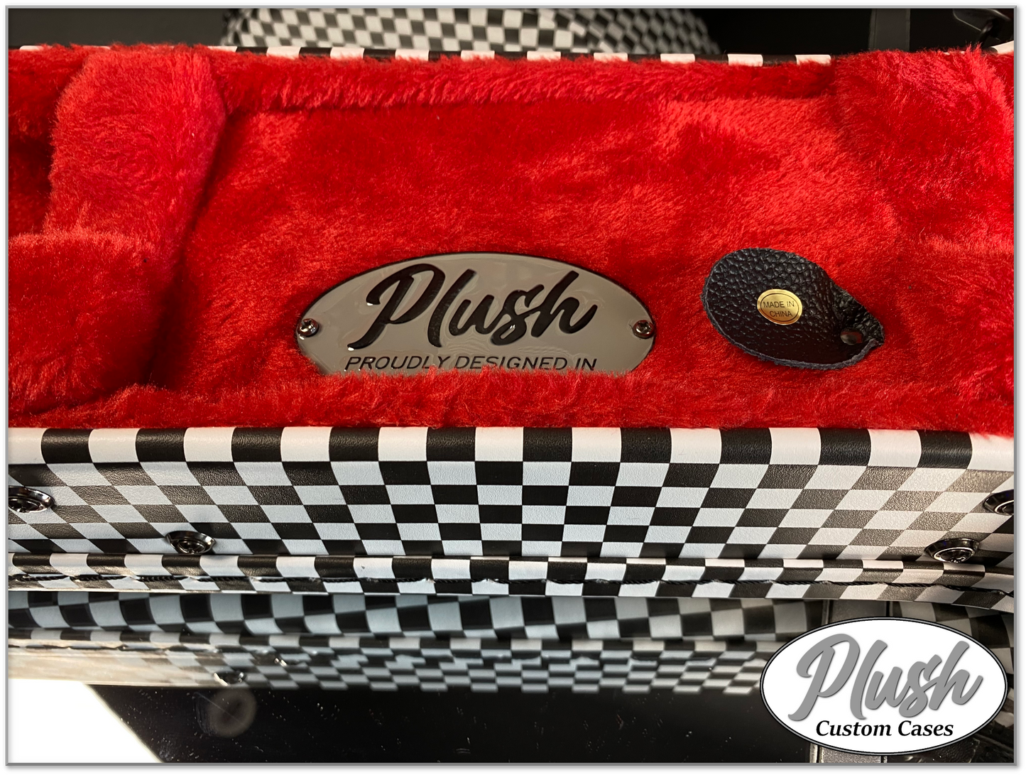 Plush-Paul LP Custom Guitar Case Black & White Checkerboard with Red Fur