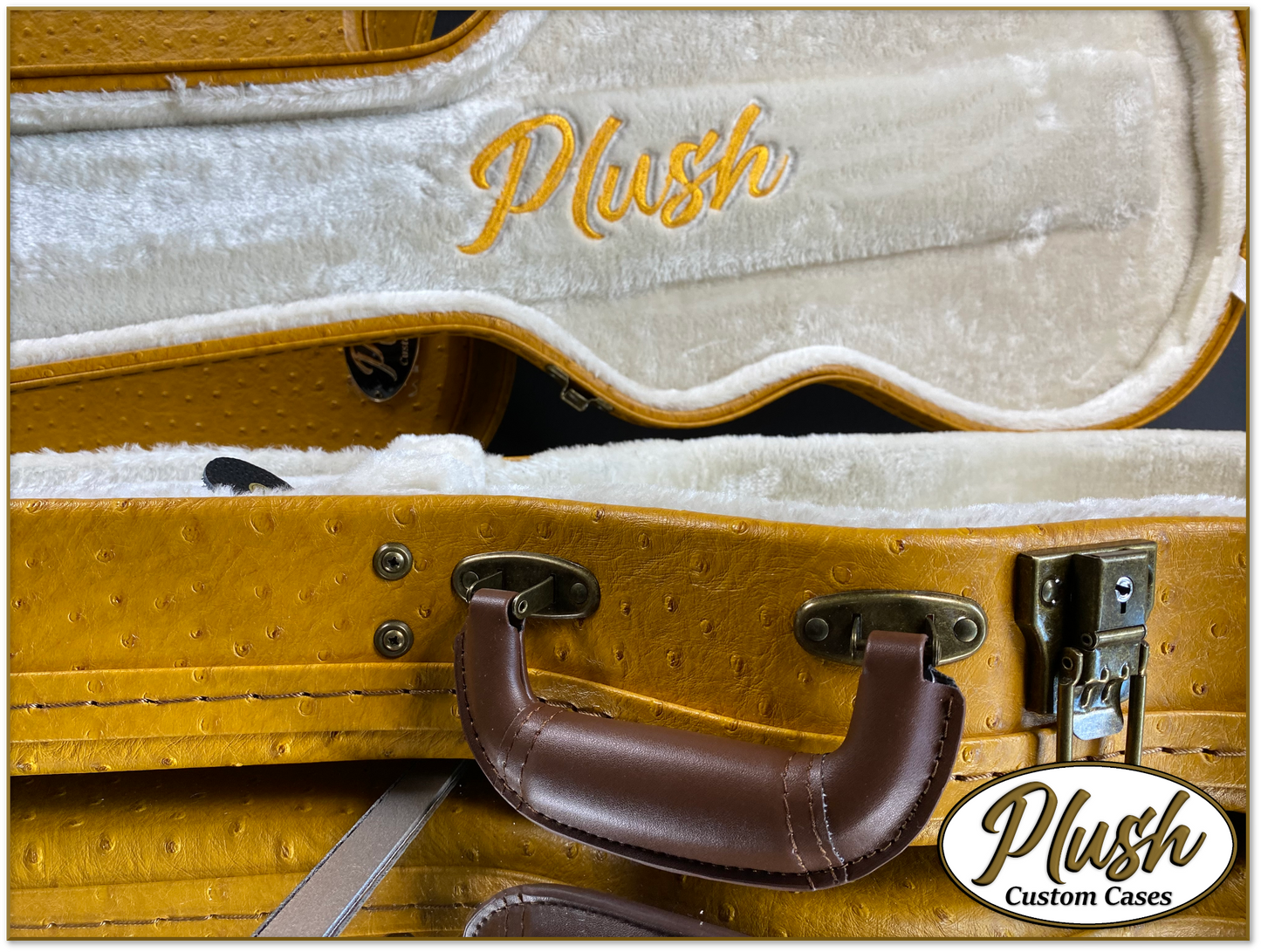 Plush-Paul LP Custom Guitar Case Brown Mustard Ostrich with Cream Fur