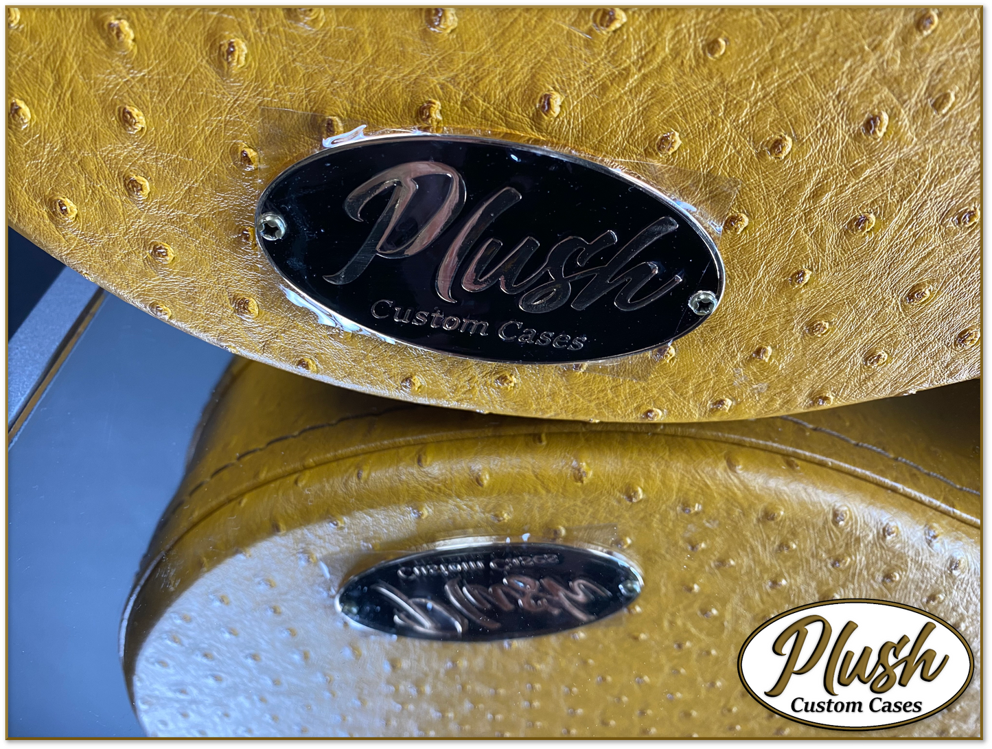 Plush-Paul LP Custom Guitar Case Brown Mustard Ostrich with Cream Fur