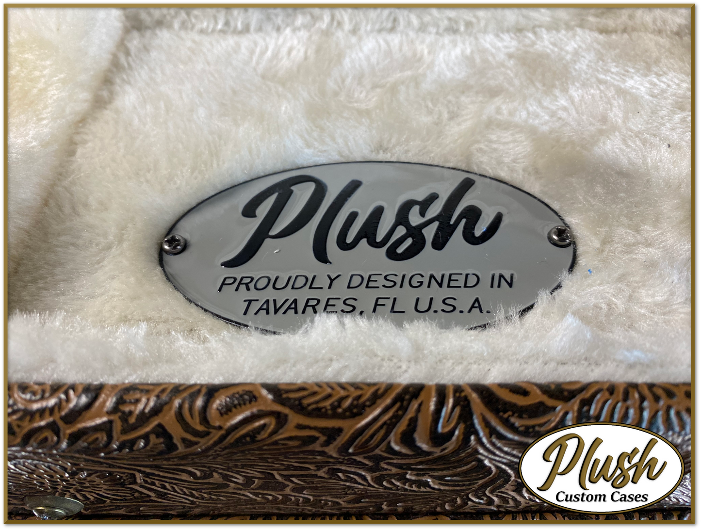 Plush-Paul LP Custom Guitar Case Tooled Leather pattern 3 with Cream Fur