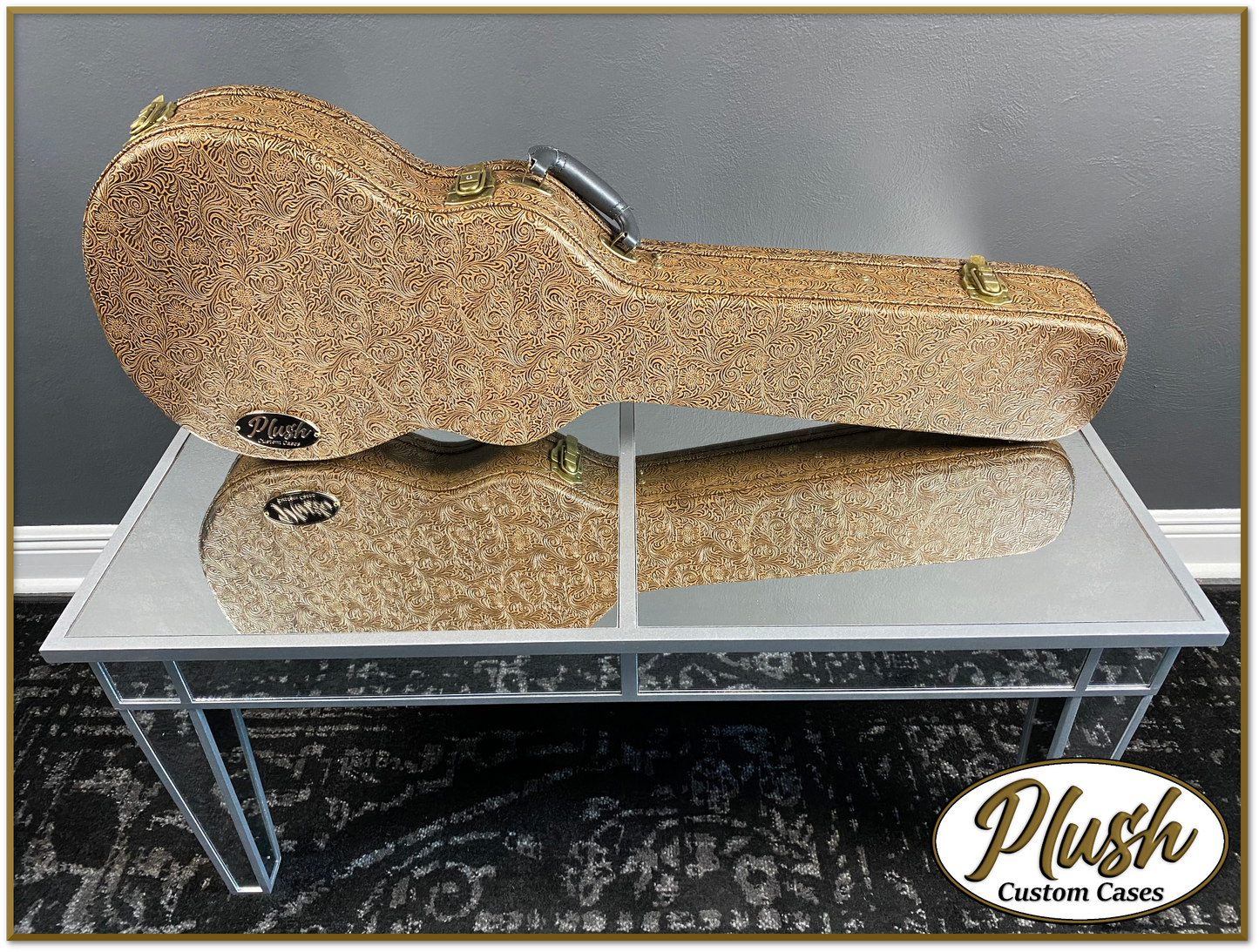 Plush-Paul LP Custom Guitar Case Tooled Leather pattern 3 with Cream Fur