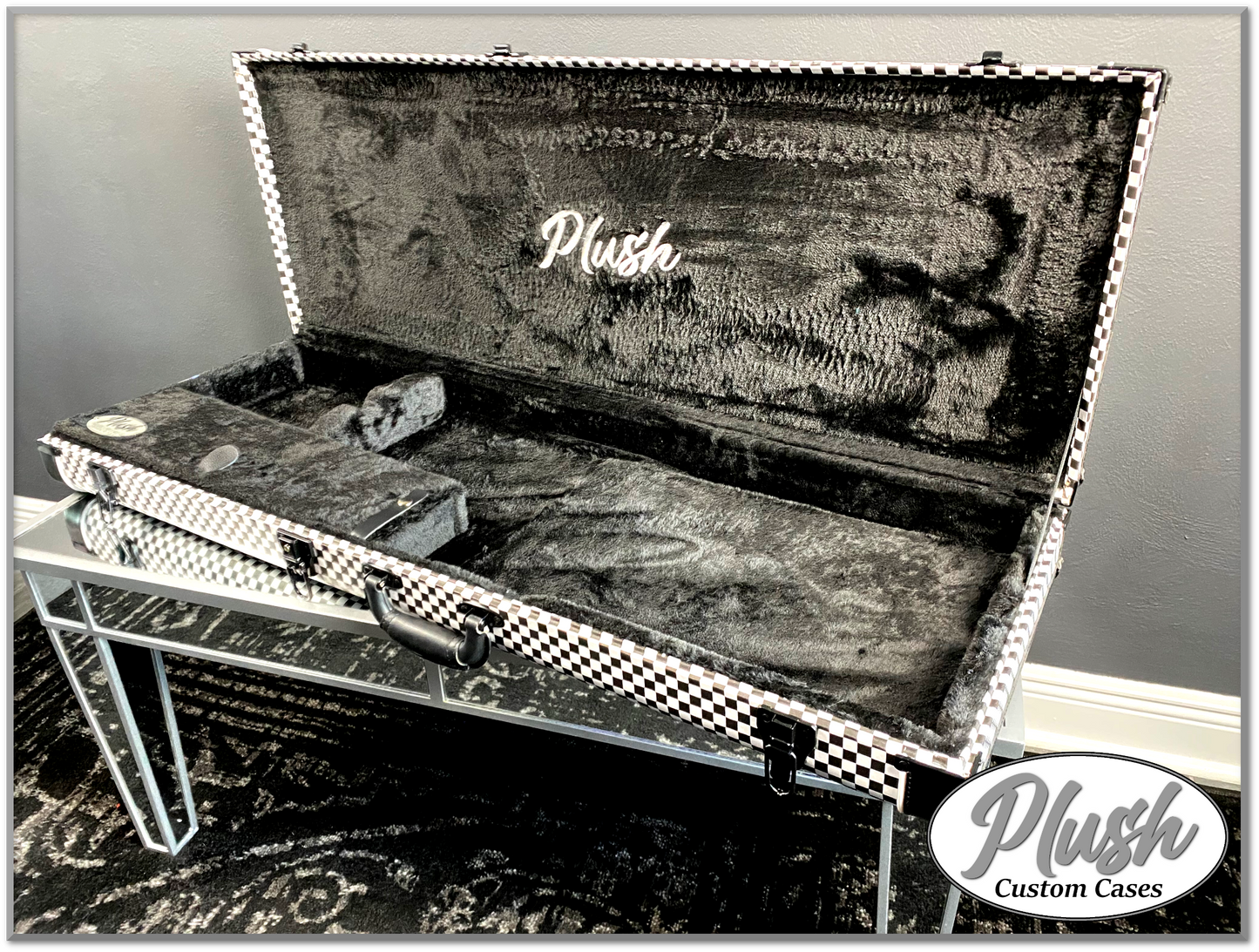 PlushCaster Tele®/Strat® Custom Guitar Case Black & White Checkerboard with Black Fur