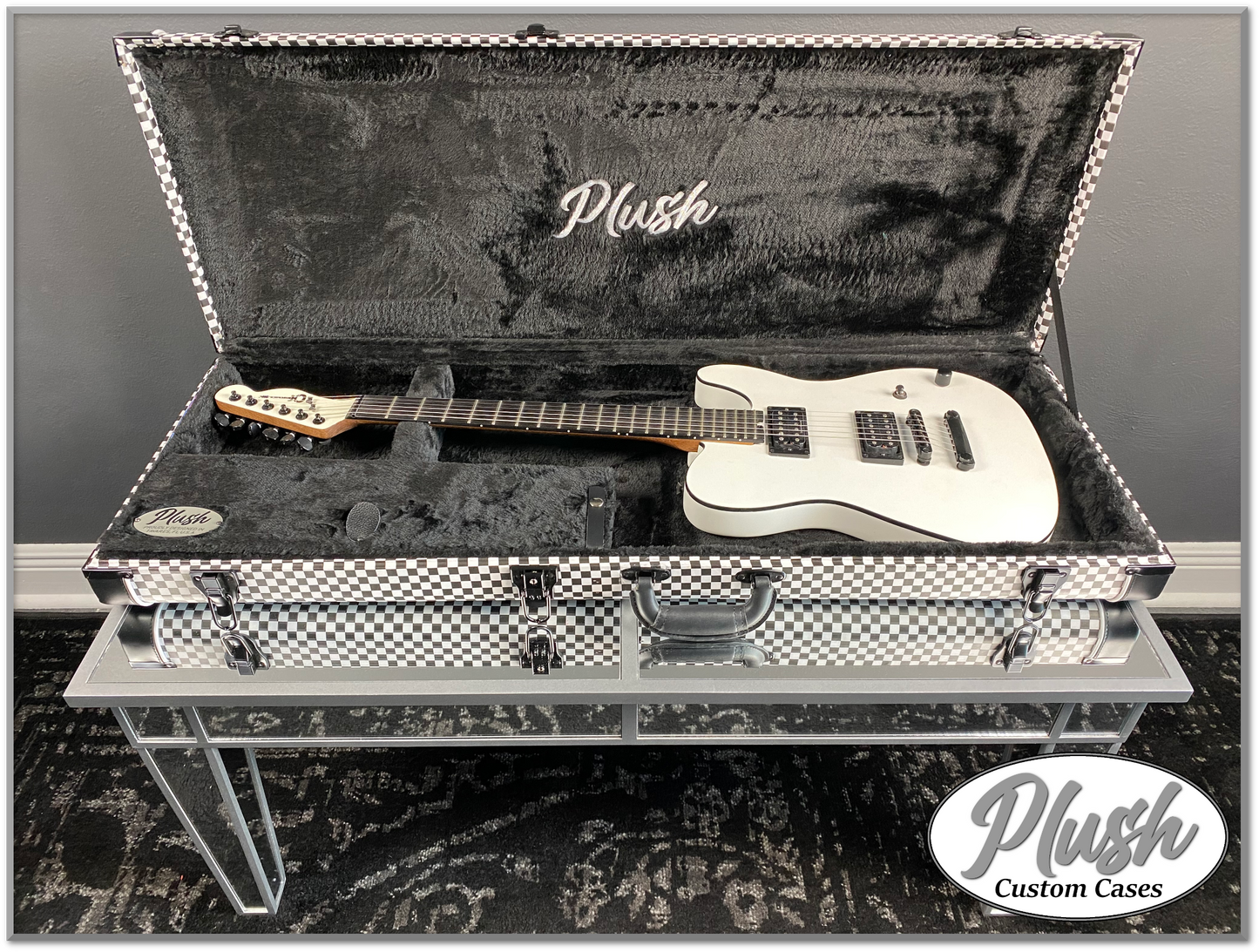 PlushCaster Tele®/Strat® Custom Guitar Case Black & White Checkerboard with Black Fur