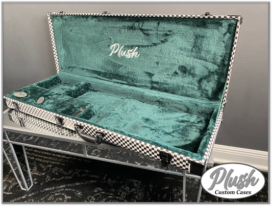 PlushMaster Jazz/Offset size Custom Guitar Case Black & White Checkerboard with Green Fur