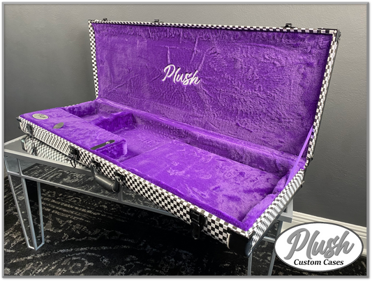 PlushMaster Jazz/Offset size Custom Guitar Case Black & White Checkerboard with Purple Fur